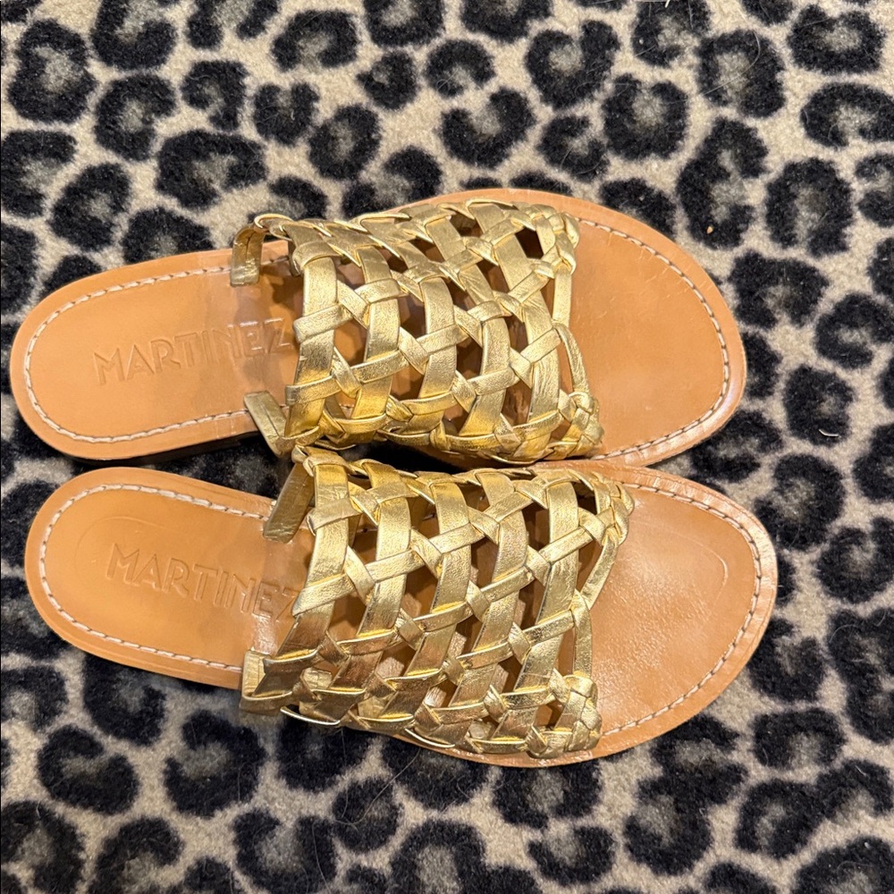 Martinez Valero Metallic Gold Woven Slide Sandals
